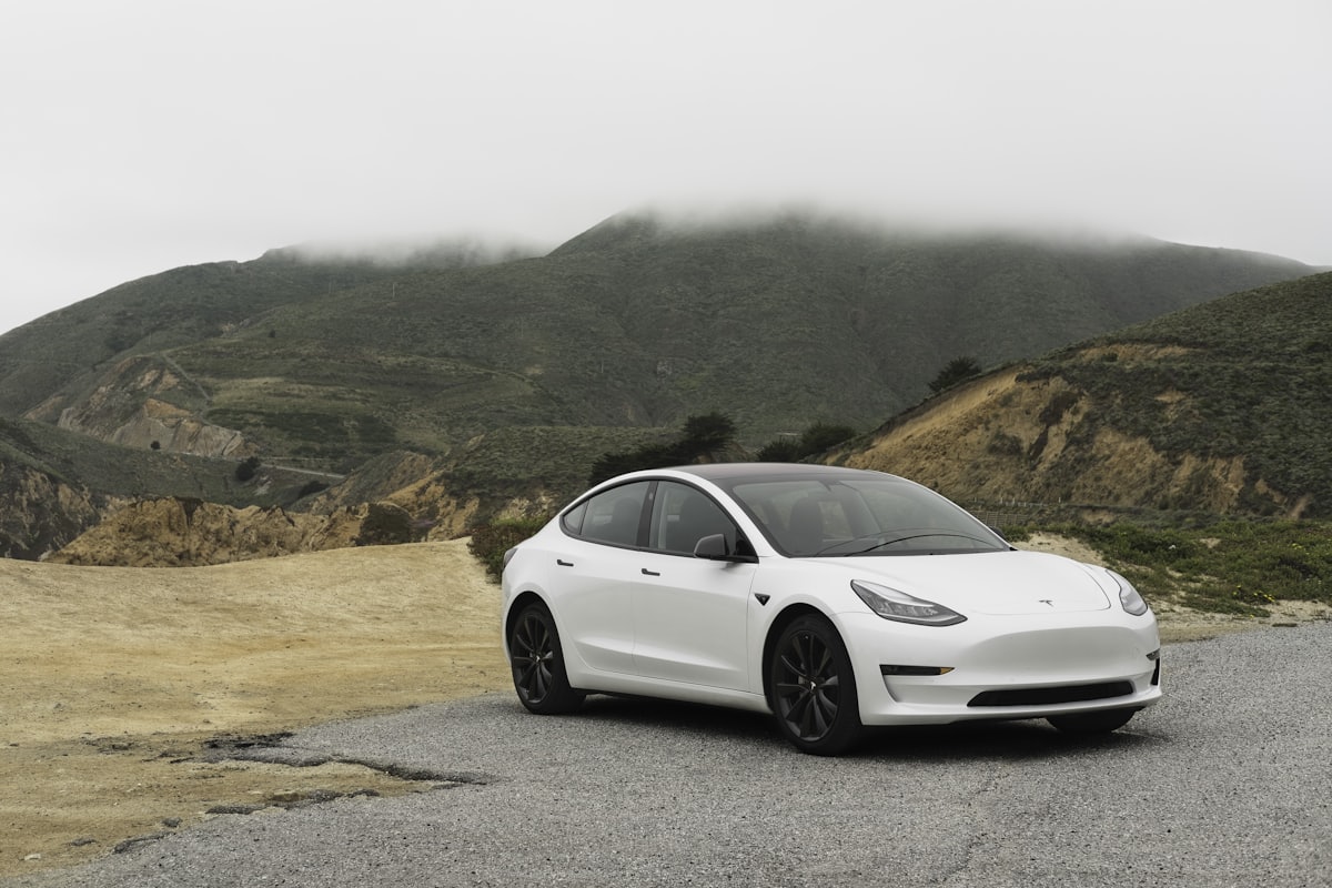 White Tesla Model 3 parked on a coastal road